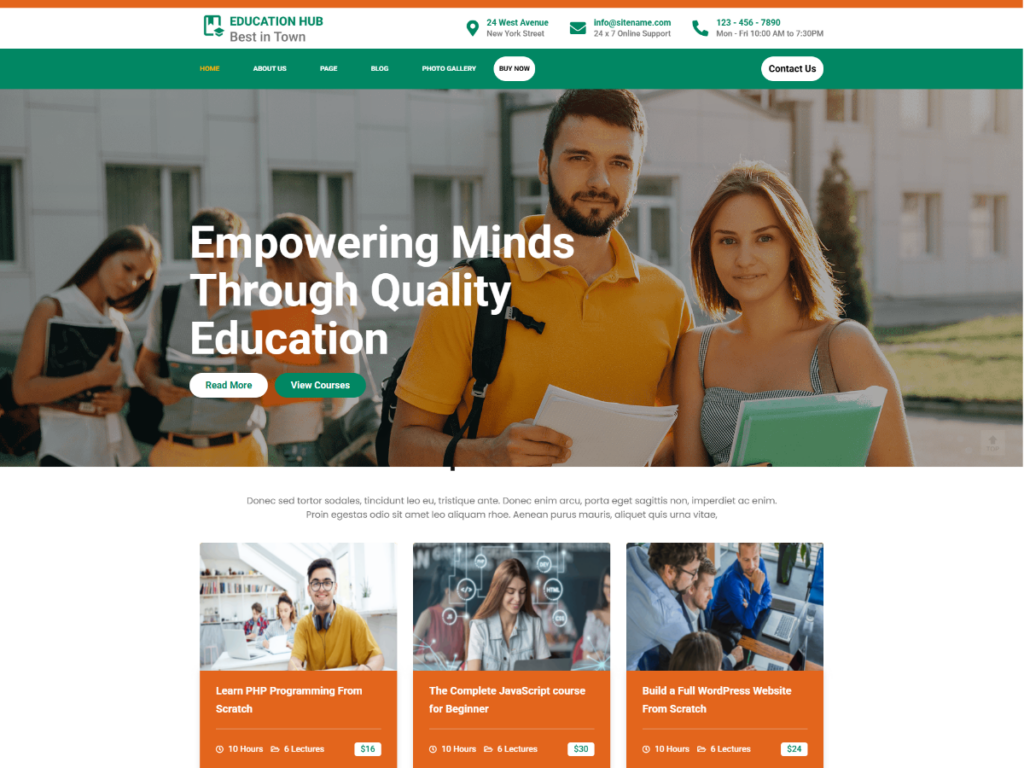 Education Hub WordPress theme homepage template with students and Empowering Minds headline