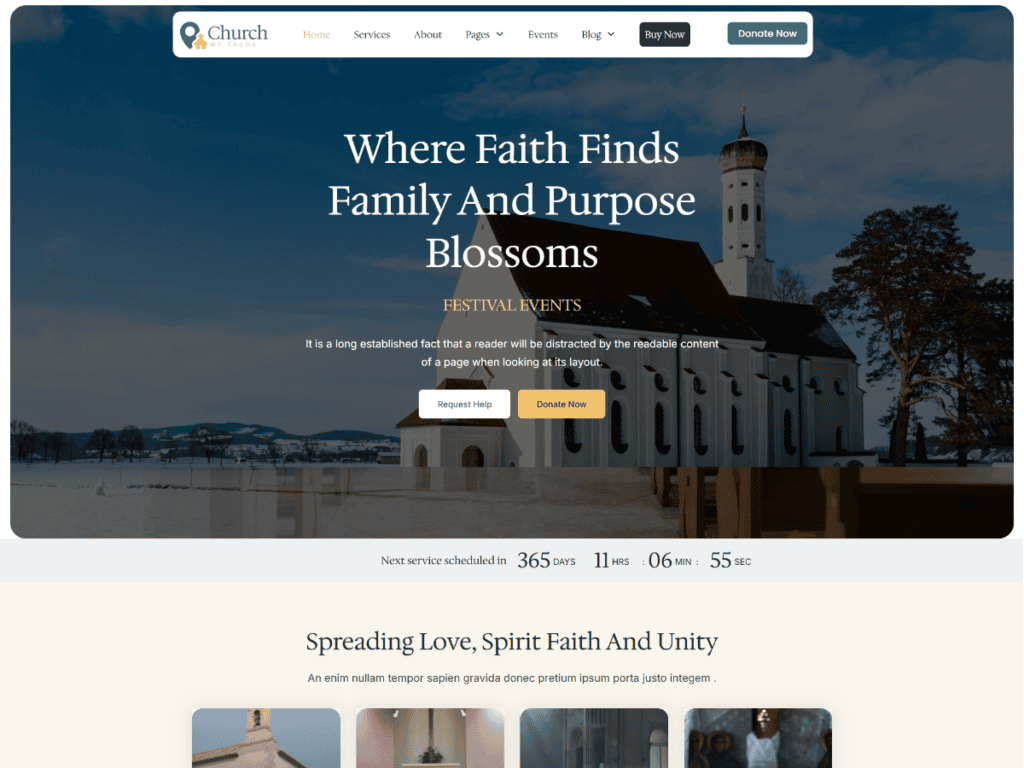 Premium community church WordPress theme homepage template with church hero banner and donate button