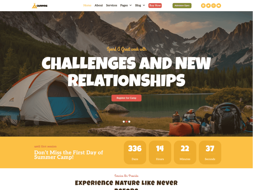 Adventure camp WordPress theme homepage with tent by mountain lake and registration CTA