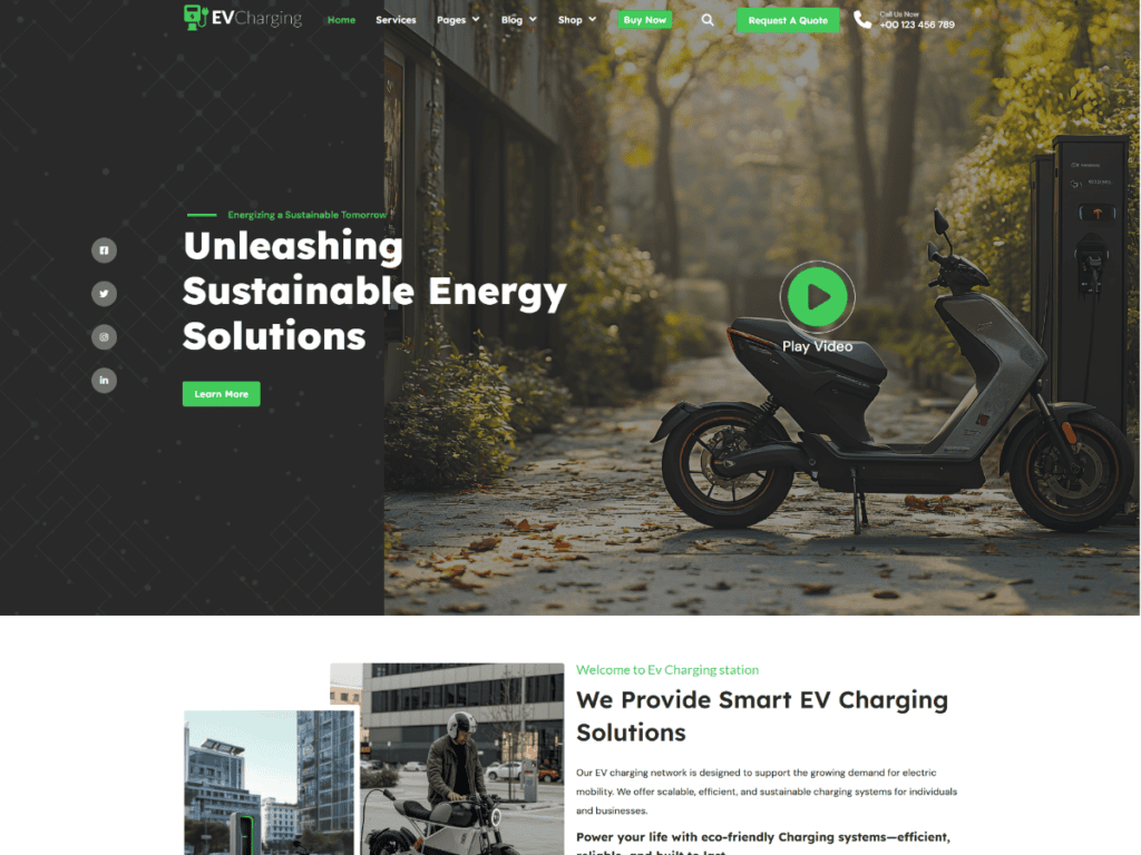 EV charging station WordPress theme homepage with electric scooter and charging point banner